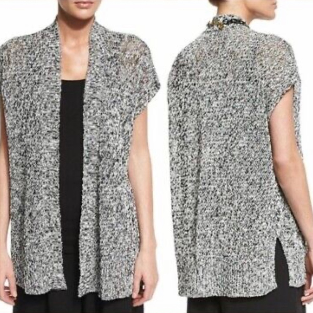 Eileen Fisher Black White Cap Sleeve Organic Knit Long Cardigan Vest